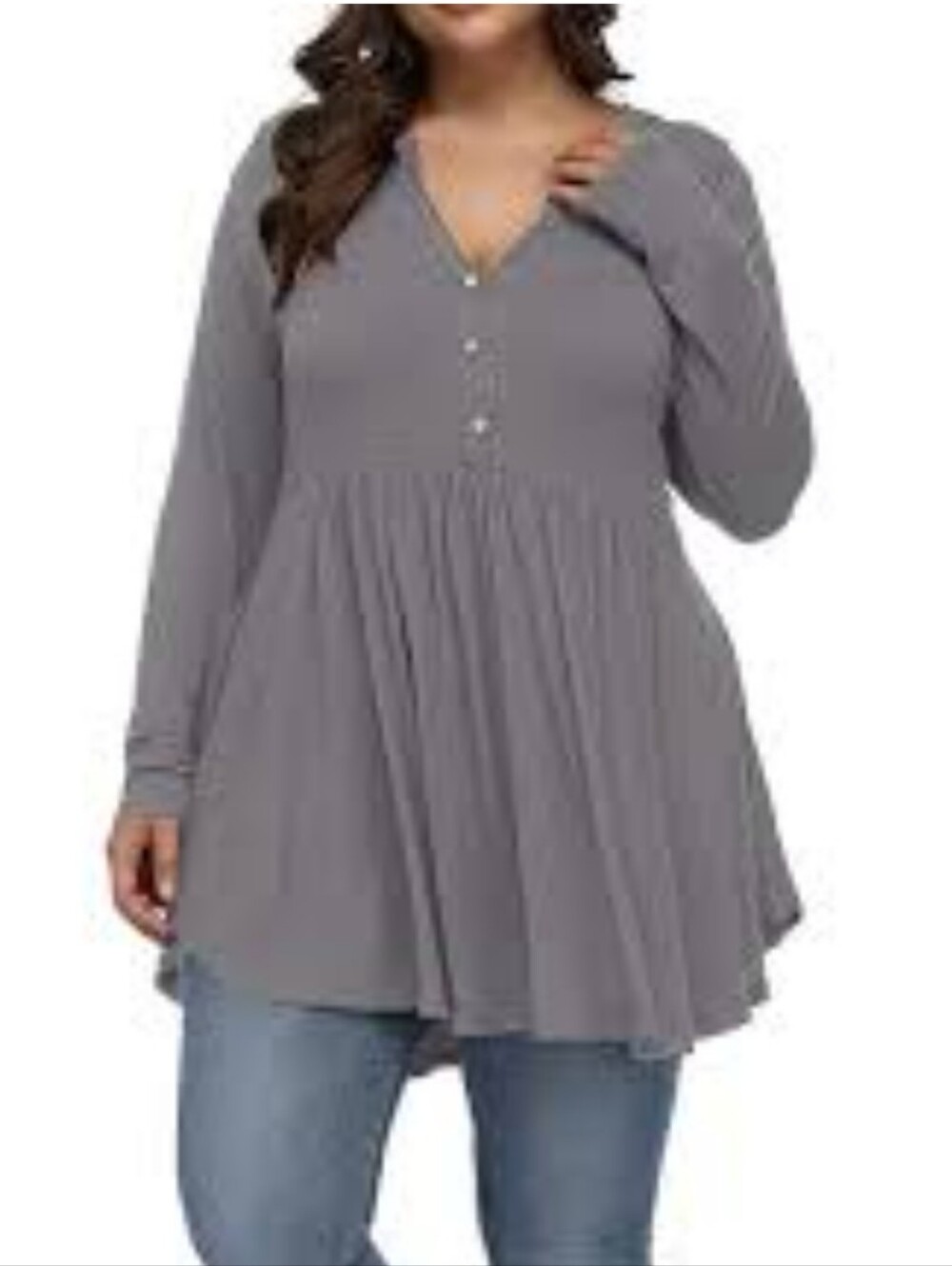Allegrace Plus-Size Gray V-Neck Button Front Swing Tunic Top
